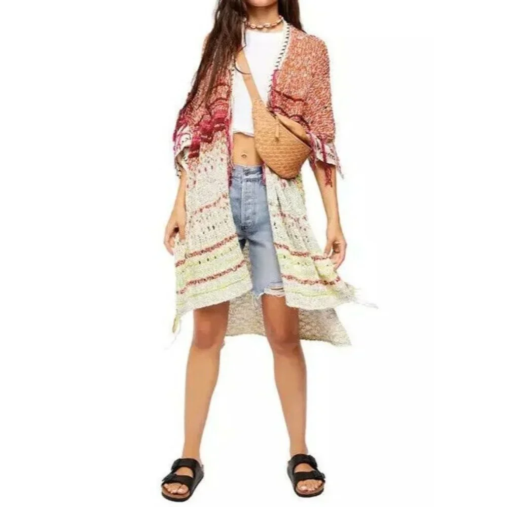 Free People Skies The Limit Fringe Knit Open Cardigan Desert Dream NEW Small